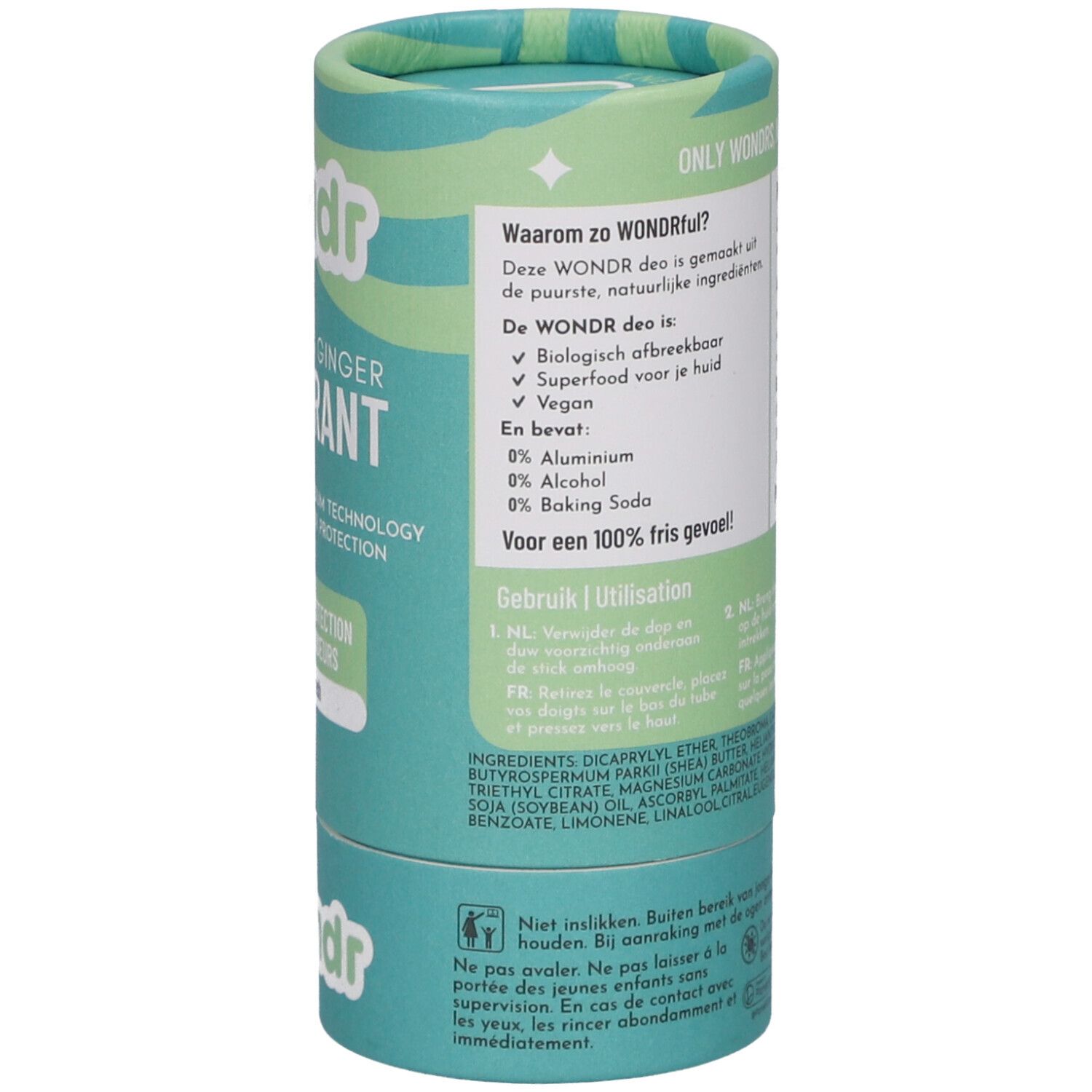 Zylindrische Verpackung von Déodorant Wondr Instant Refresh. Rückseite mit Produktinformationen und Inhaltsstoffen.