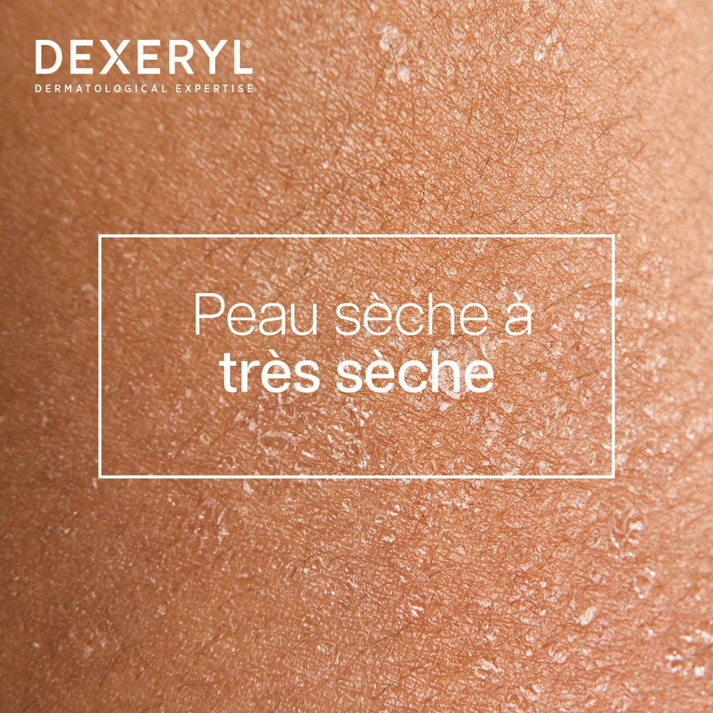 Tube Dexeryl® Lait Nourrissant sur l'épaule d'une personne, avec texte "24h de nutrition".