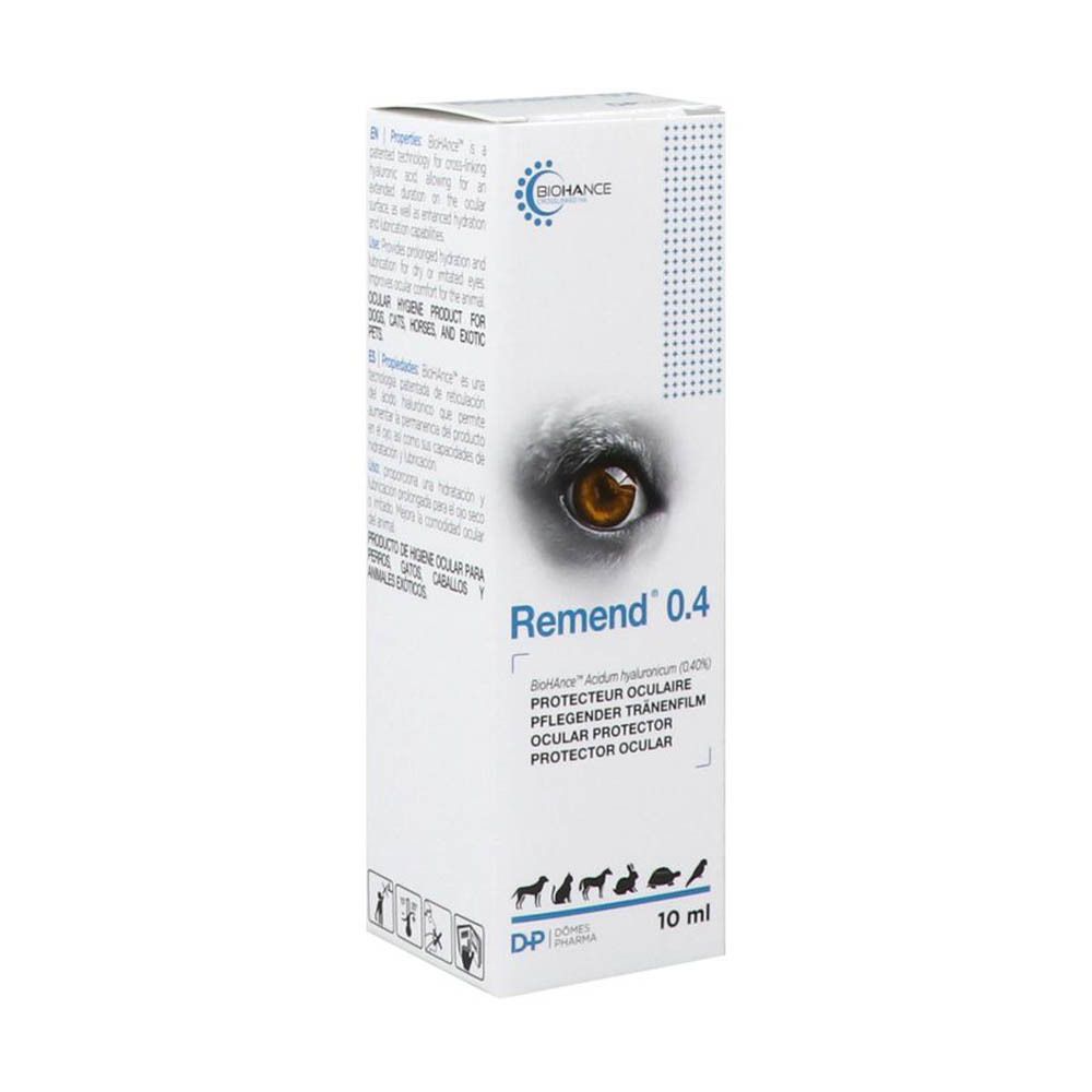 Boîte blanche Remend 0.4. Inscriptions multilingues. Contenance 10 ml. Logos BICHANCE et Dômes Pharma. Image d'un oeil.