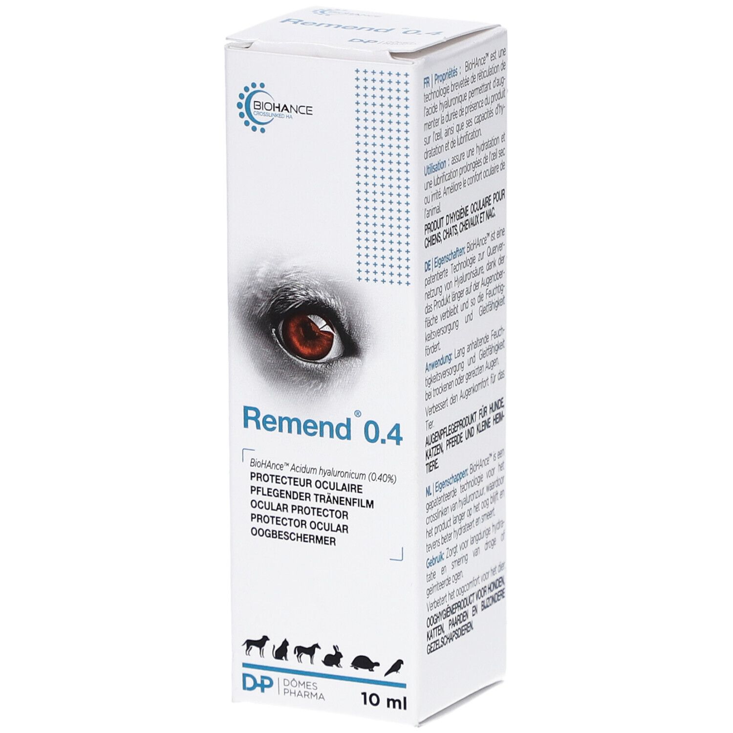 Weiße Verpackung mit Produktnamen Remend 0.4. Aufdrucke in mehreren Sprachen. 10 ml. Logo von BICHANCE und Dômes Pharma.
