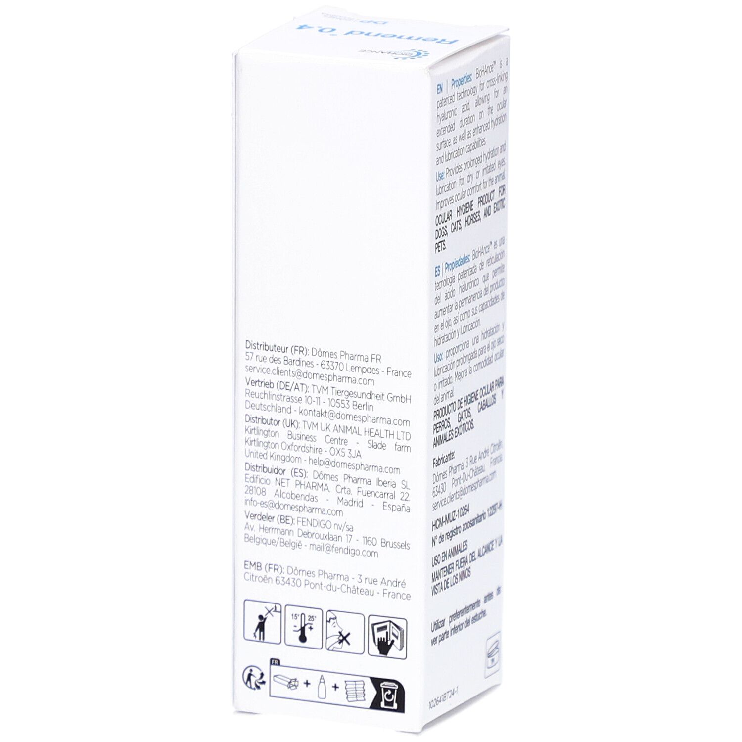 Weiße Verpackung mit Produktinformationen. Text in mehreren Sprachen. Logos von BICHANCE und Dômes Pharma. 10 ml.