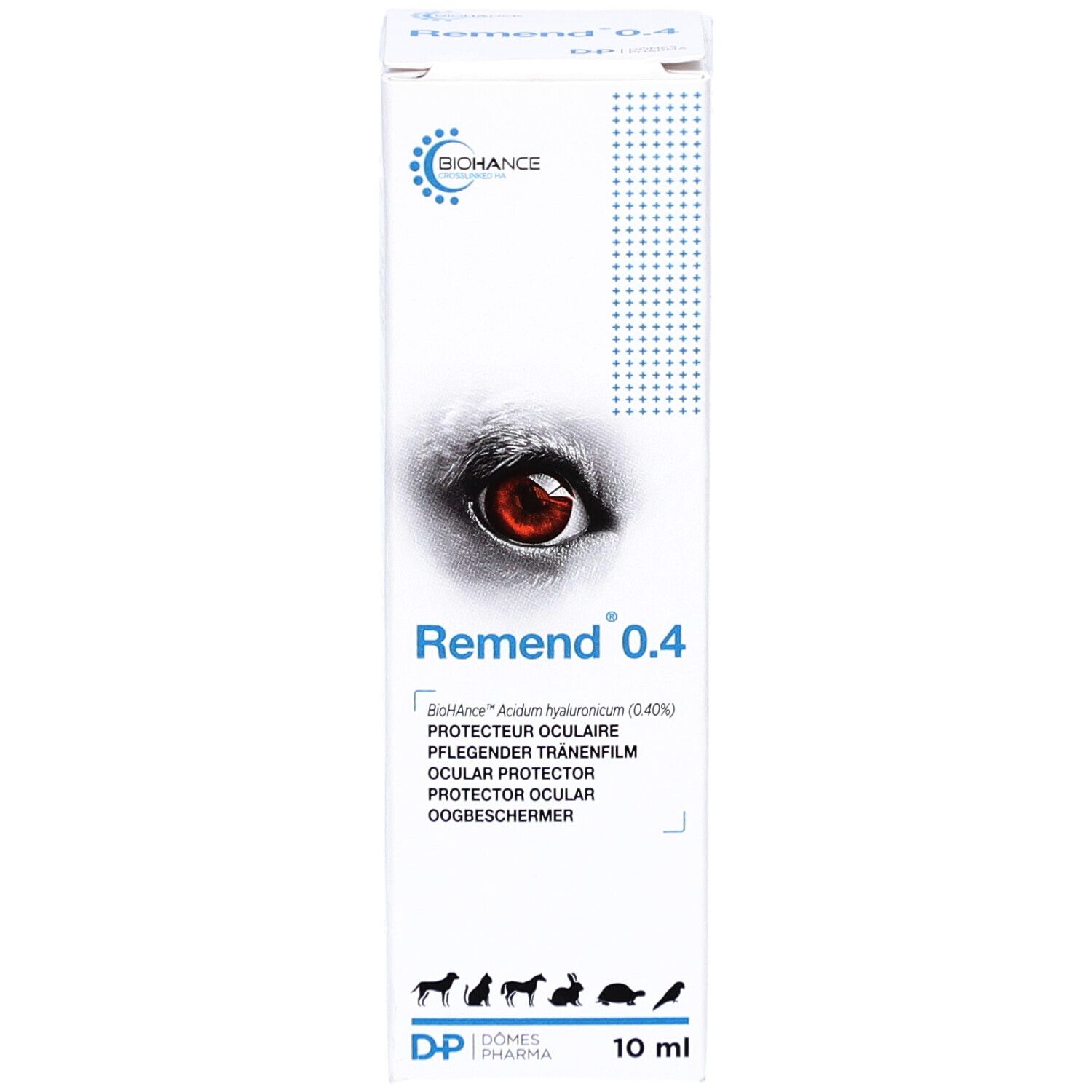 Weiße Verpackung mit Produktnamen Remend 0.4. Aufdrucke in mehreren Sprachen. 10 ml. Logo von BICHANCE und Dômes Pharma.