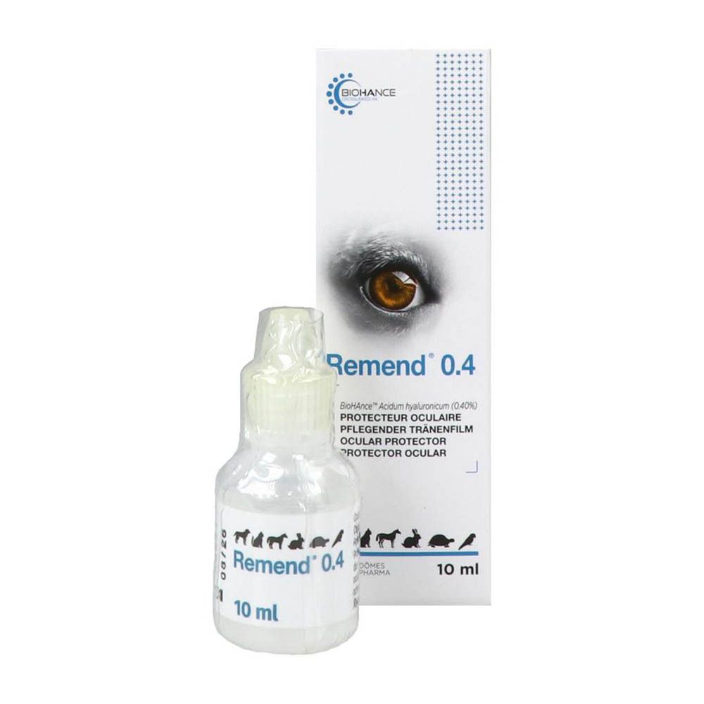 Boîte blanche Remend 0.4. Inscriptions multilingues. Contenance 10 ml. Logos BICHANCE et Dômes Pharma. Image d'un oeil.