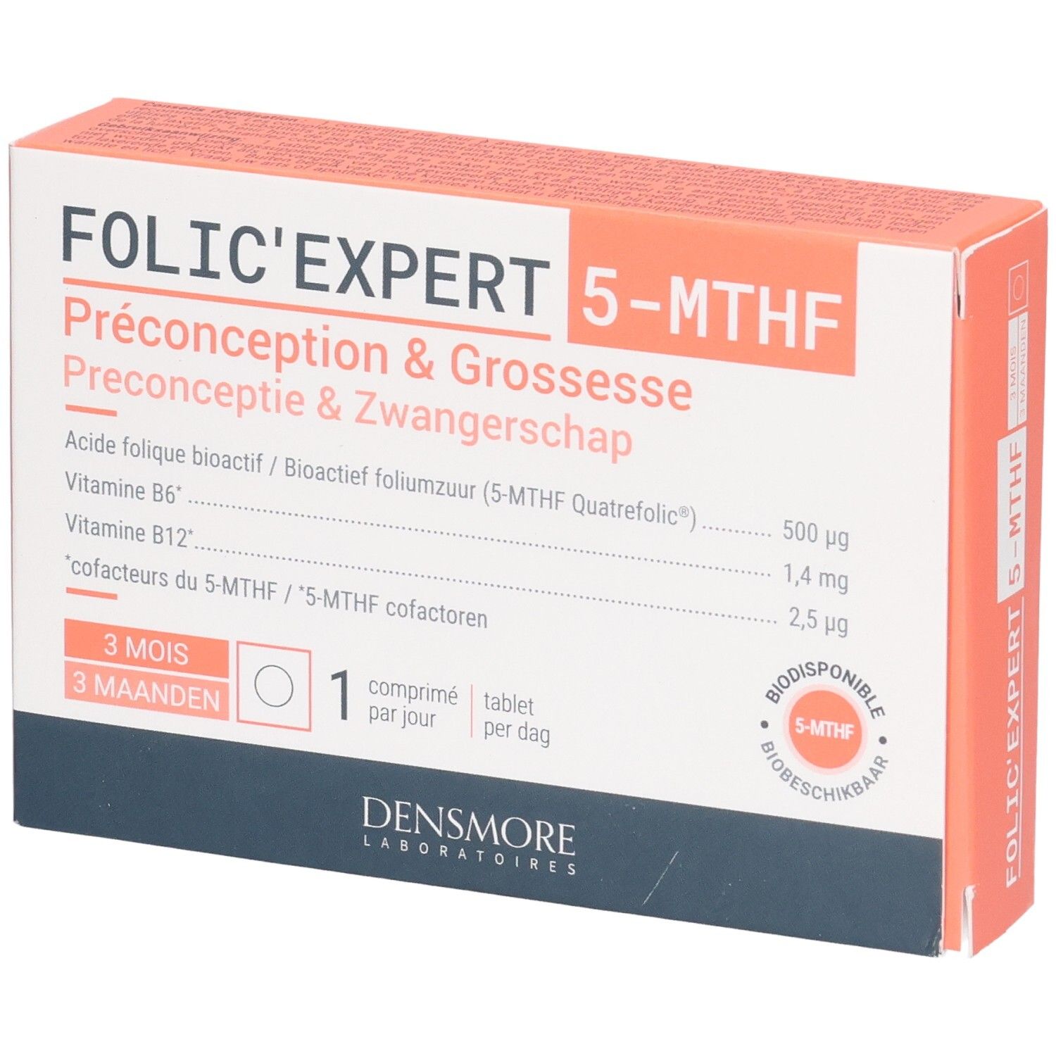 Folic'expert 5-MTHF Packung. Enthält Folsäure, Vitamin B6 und B12. Für Präkonzeption und Schwangerschaft.