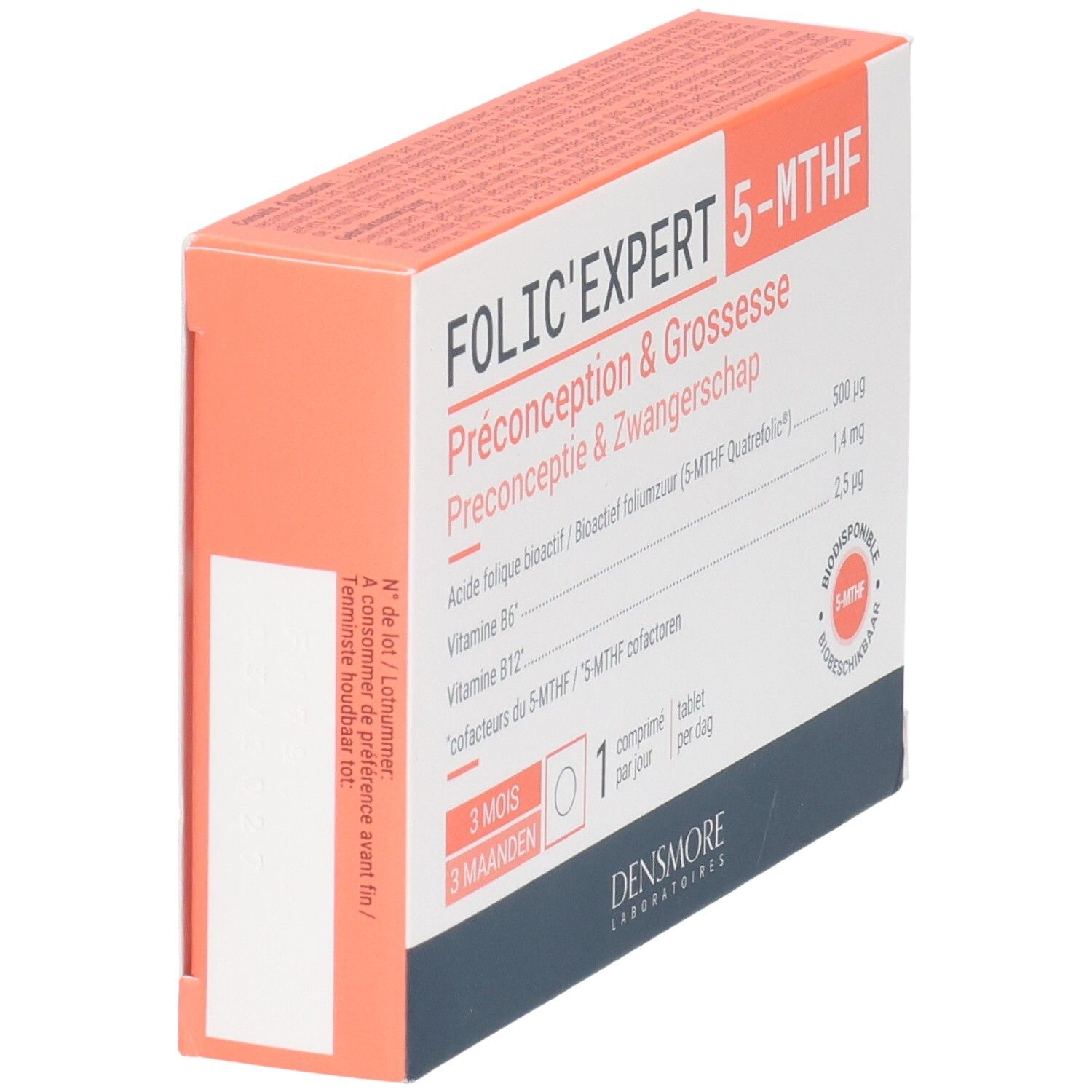 Folic'expert 5-MTHF Packung, Seitenansicht. Enthält Folsäure, Vitamin B6 und B12. Für Präkonzeption und Schwangerschaft.