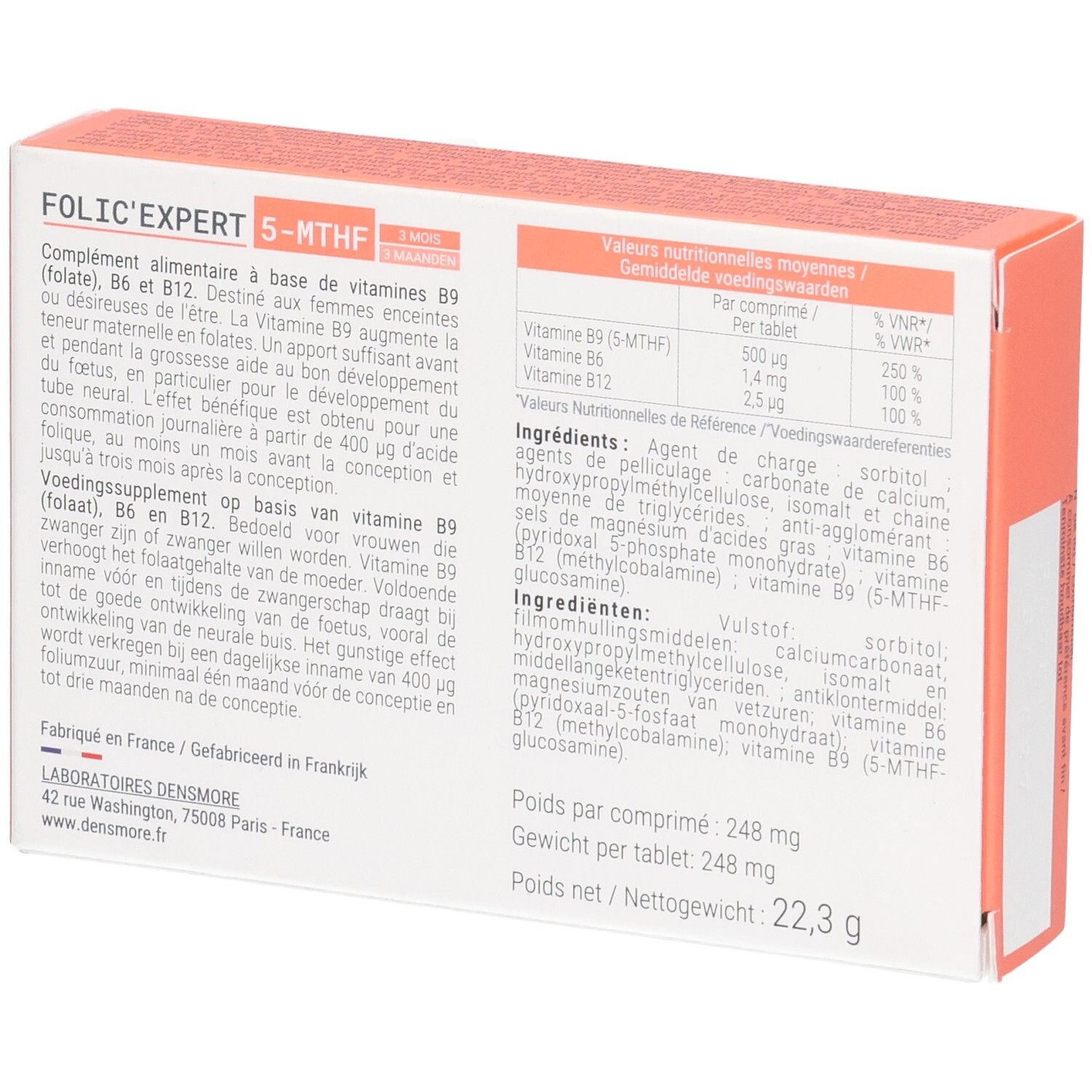 Rückseite der Folic'expert 5-MTHF Packung. Enthält Nährwertangaben und Inhaltsstoffe. Für Präkonzeption und Schwangerschaft.