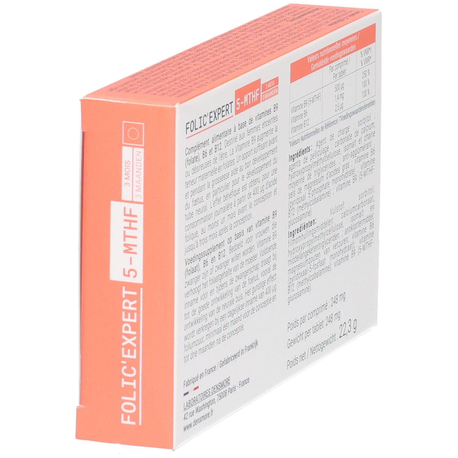 Folic'expert 5-MTHF Packung, schräge Ansicht. Enthält Folsäure, Vitamin B6 und B12. Für Präkonzeption und Schwangerschaft.