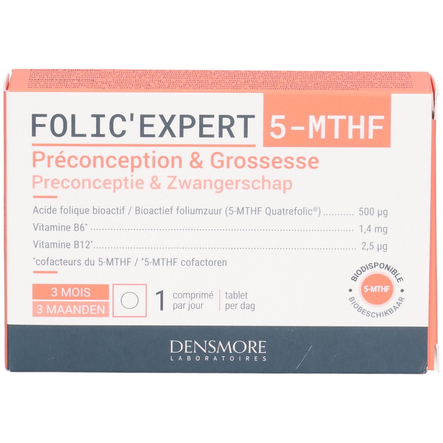 Folic'expert 5-MTHF Packung. Enthält Folsäure, Vitamin B6 und B12. Für Präkonzeption und Schwangerschaft.