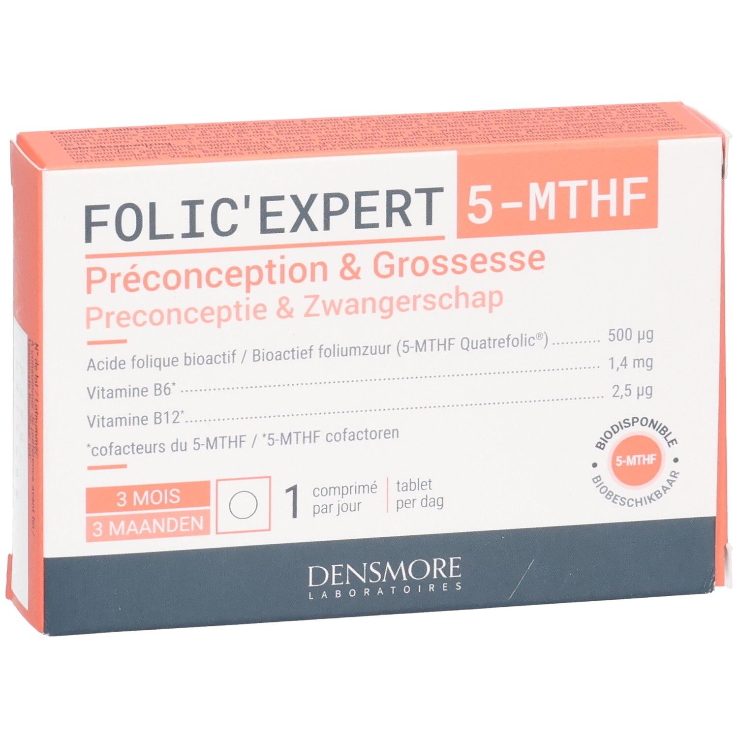 Folic'expert 5-MTHF Packung, schräge Ansicht. Enthält Folsäure, Vitamin B6 und B12. Für Präkonzeption und Schwangerschaft.