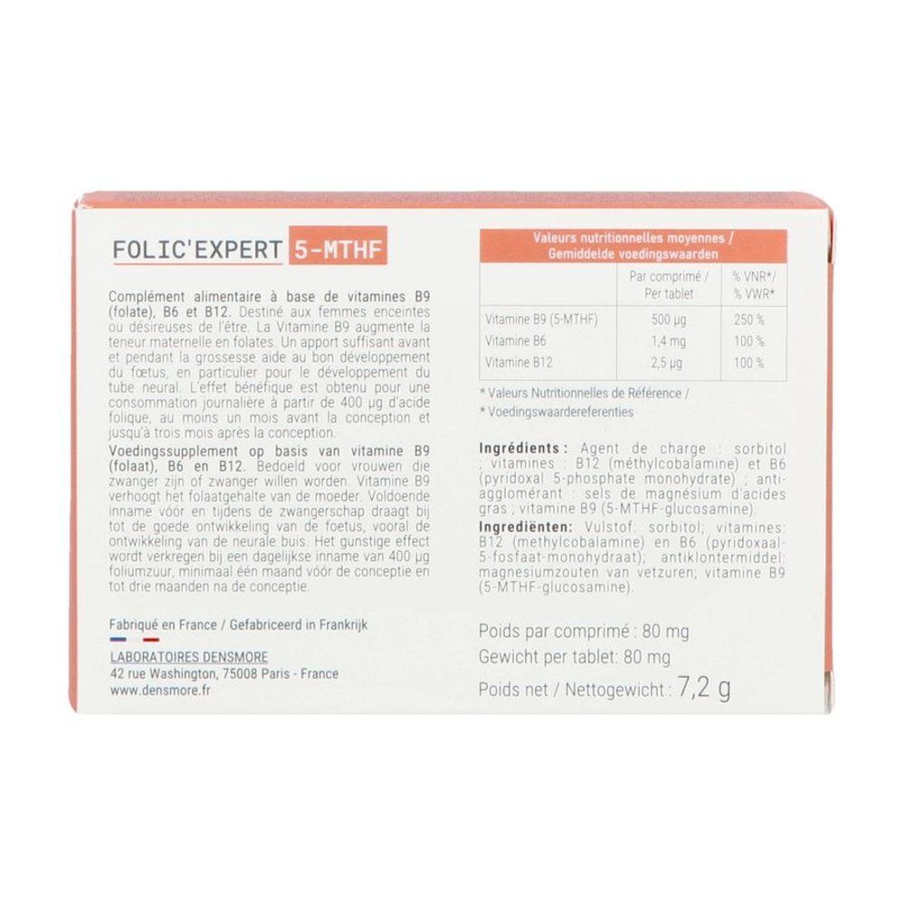 Packung Folic Expert 5-MTHF mit Informationen zu Folsäure, Vitamin B6 und B12.