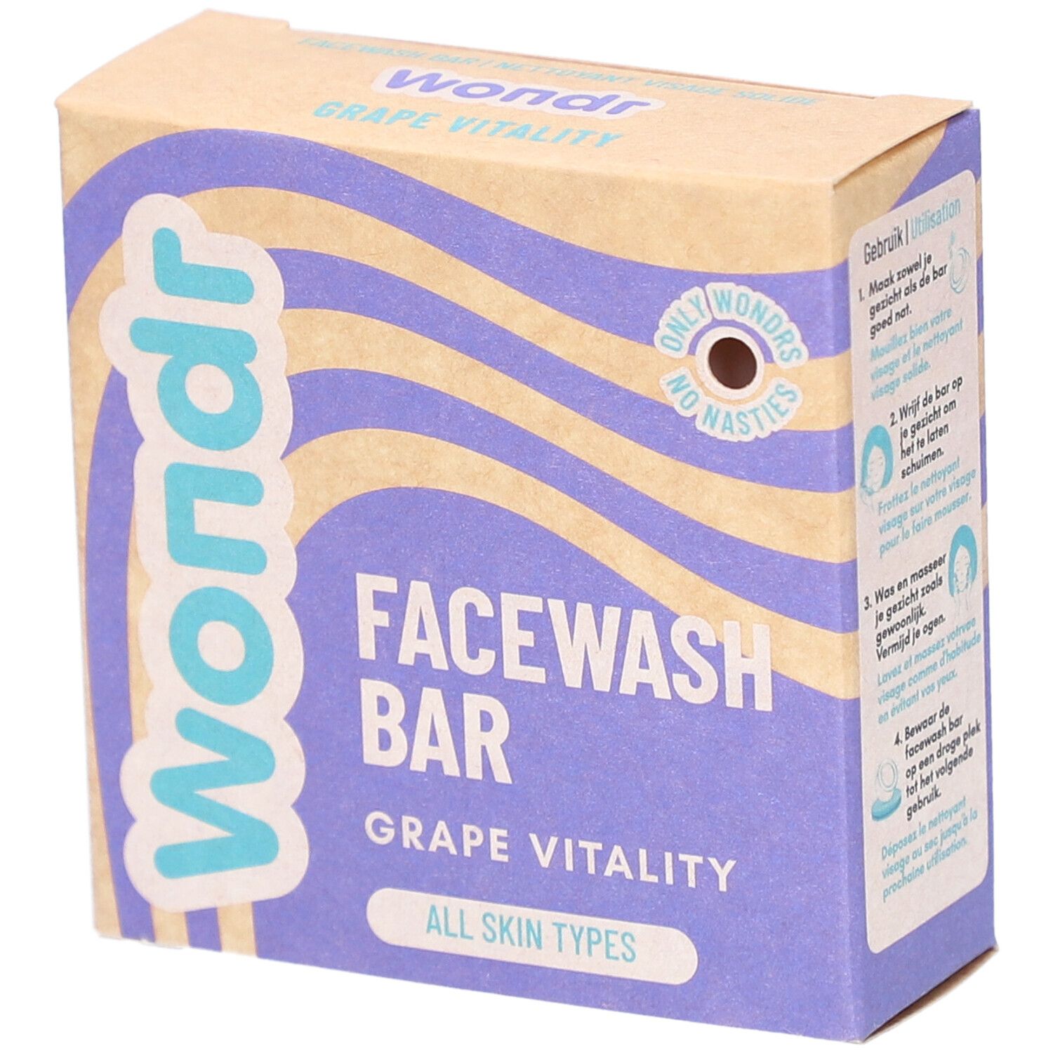 Kartonverpackung mit "Wondr Grape Vitality Facewash Bar". Lila Wellenmuster, Markenlogo und Produktbezeichnung.