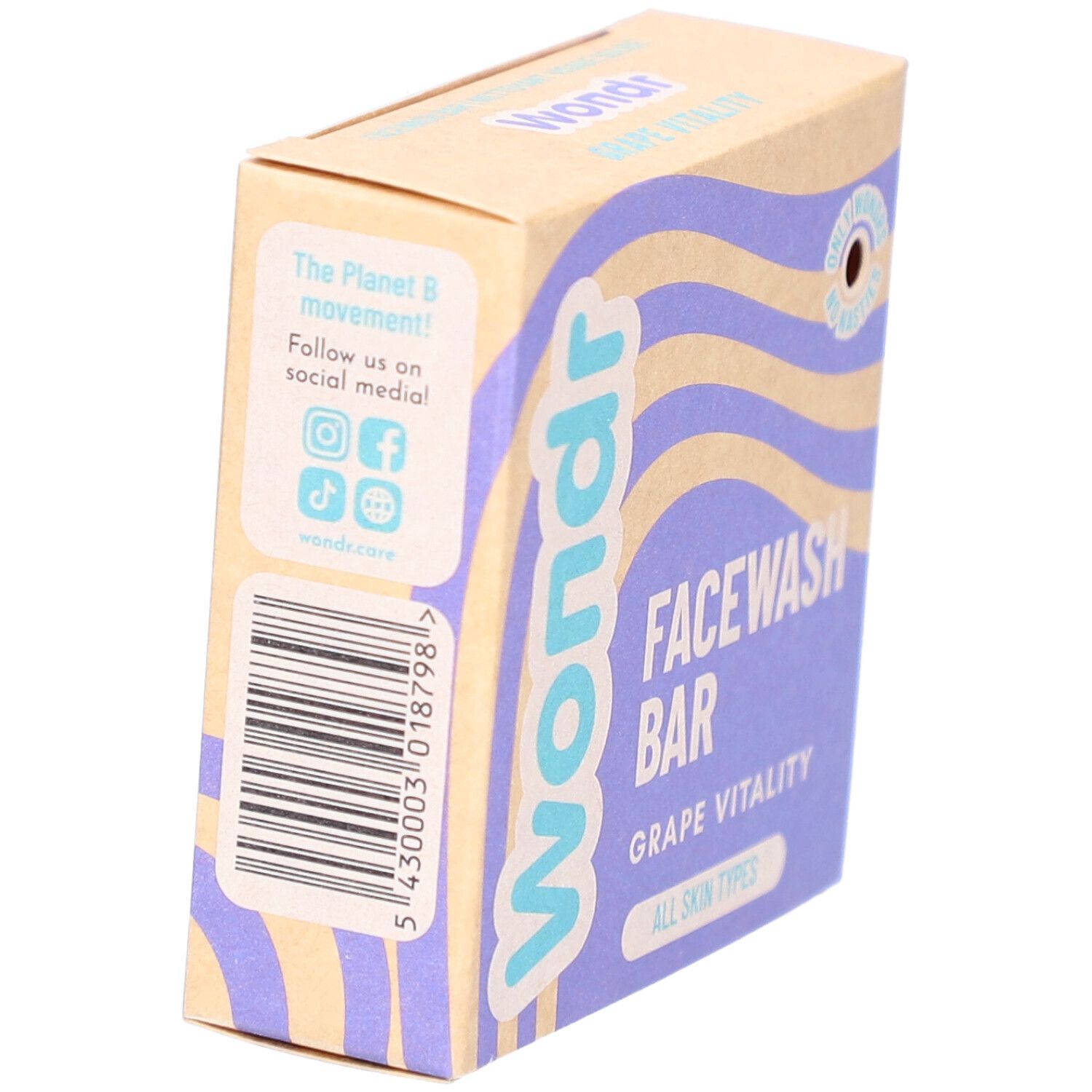 Kartonverpackung "Wondr Grape Vitality Facewash Bar". Rückseite mit Barcode und Social-Media-Icons.