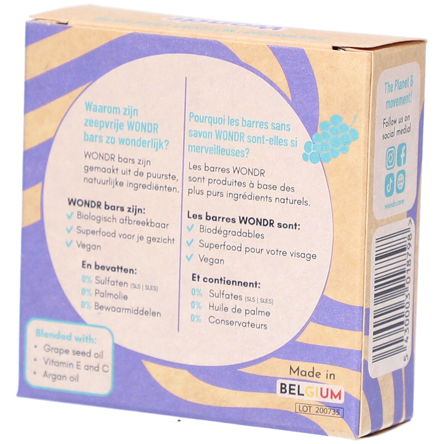 Rückseite der Verpackung "Wondr Grape Vitality Facewash Bar". Text in mehreren Sprachen, Inhaltsstoffe.