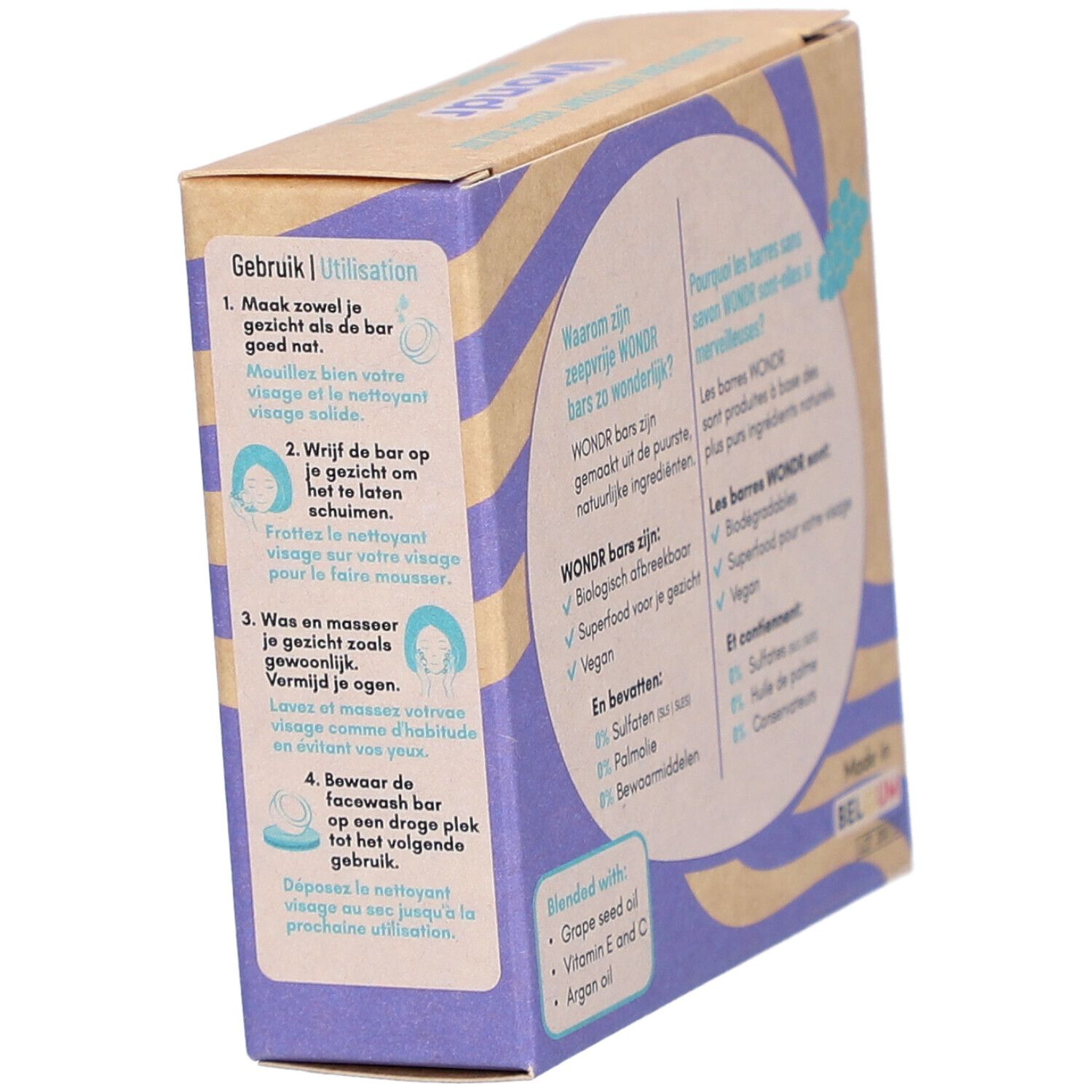 Verpackung "Wondr Grape Vitality Facewash Bar" mit Gebrauchsanweisung in mehreren Sprachen.
