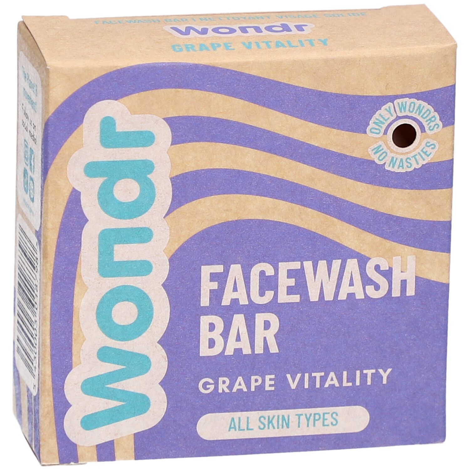 Kartonverpackung "Wondr Grape Vitality Facewash Bar". Lila Wellenmuster, Markenlogo und Produktbezeichnung.