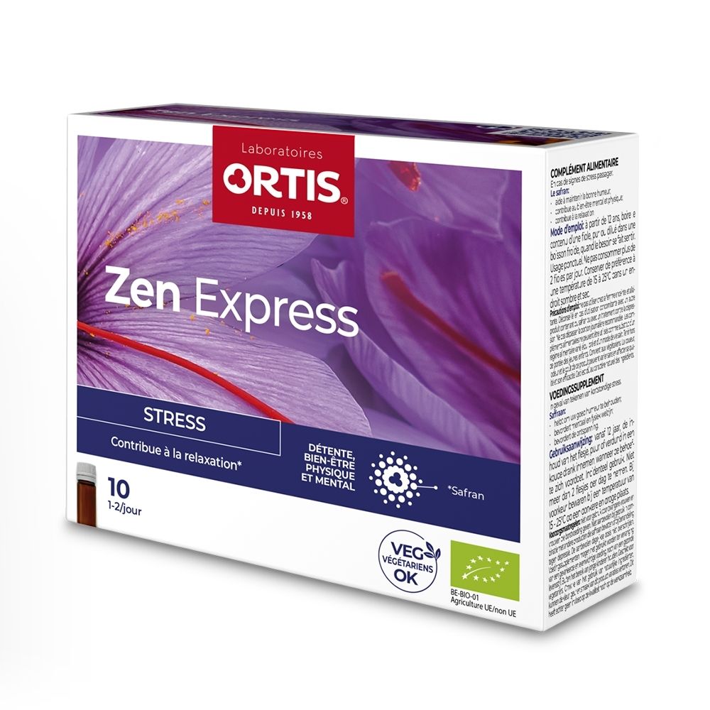 Boîte Ortis Zen Express de 10 flacons, fleur d'iris violette, pour le stress.