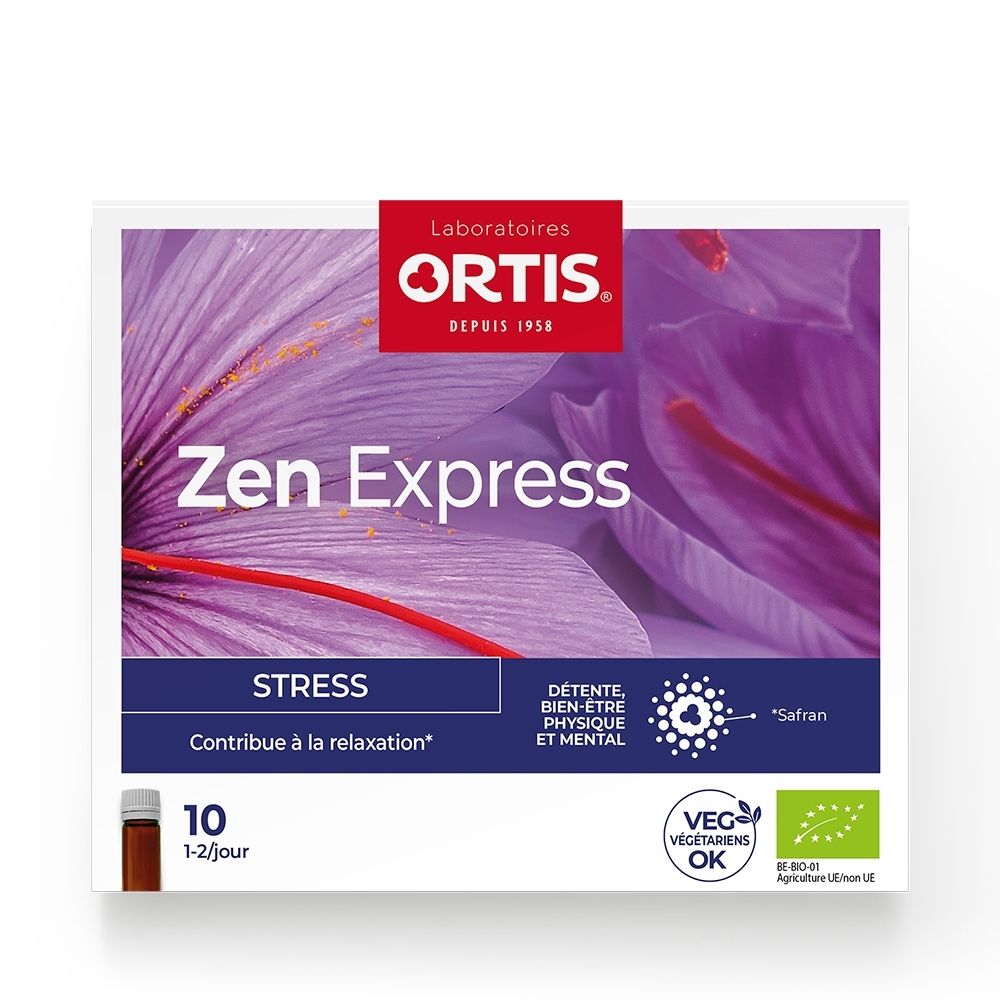 Boîte Ortis Zen Express de 10 flacons, fleur d'iris violette, pour le stress.