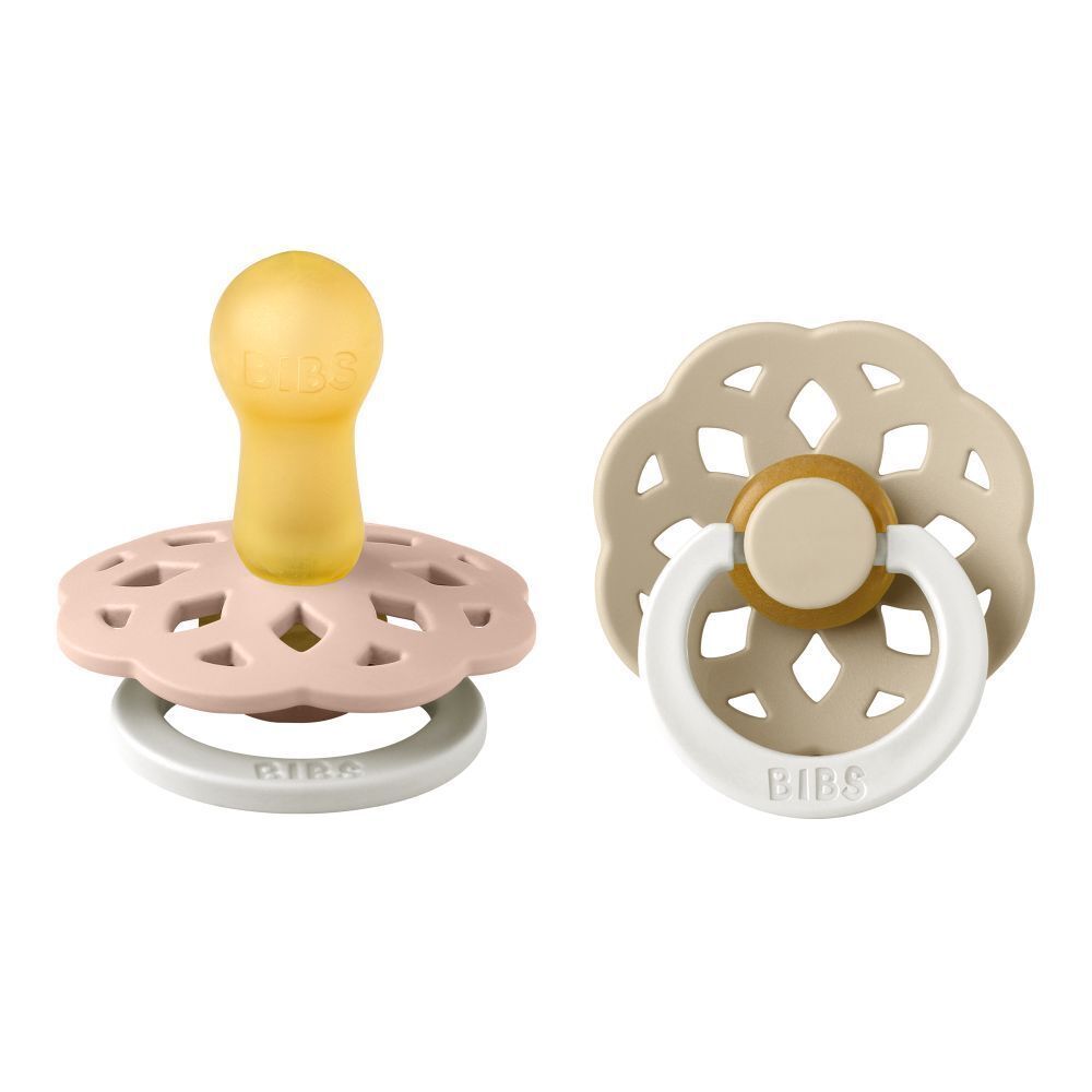 Zwei Schnuller. Marke BIBS. Modell Boheme. Rosa und beige. Gelber Sauger.