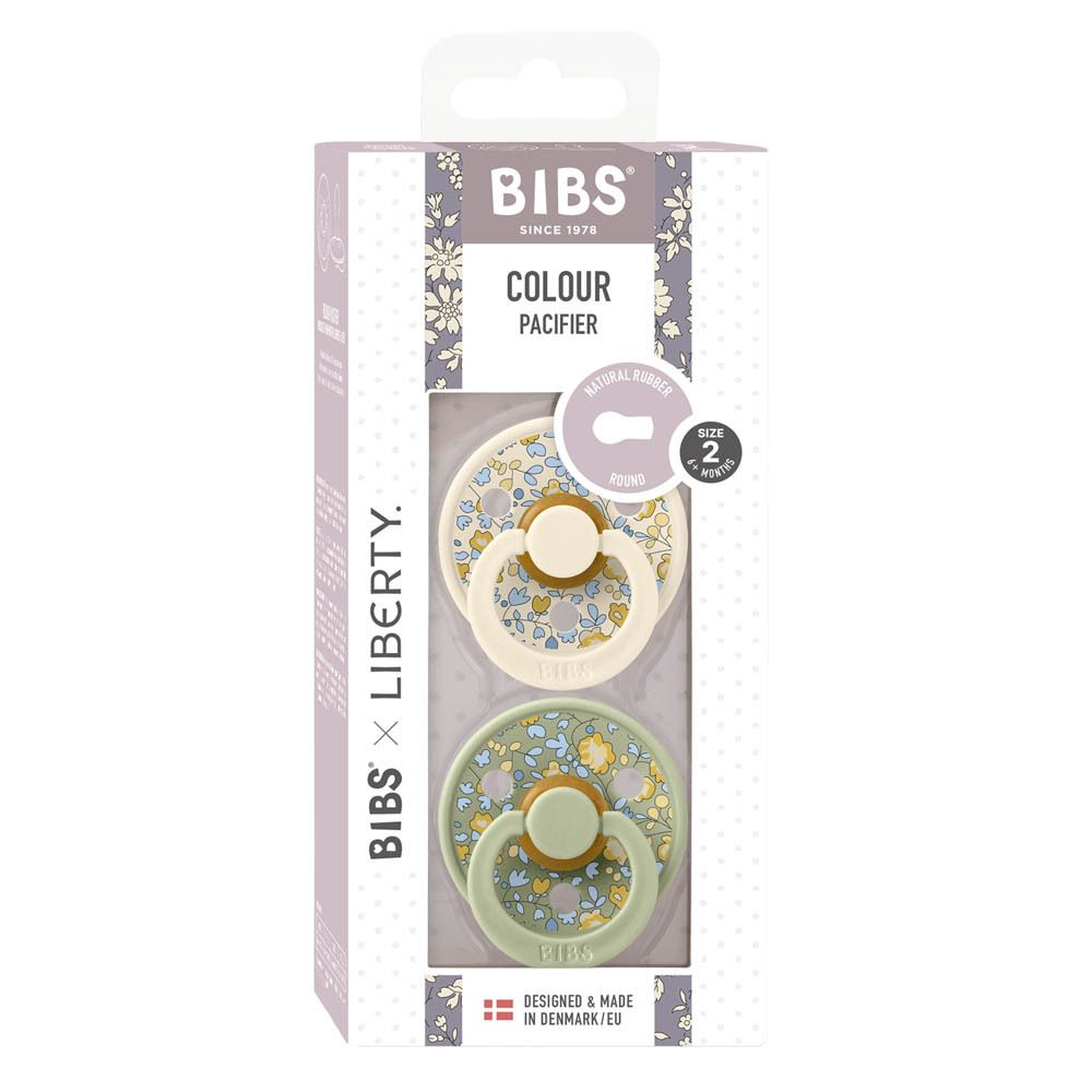 BIBS x Liberty Schnuller-Set. Zwei Schnuller in einer Verpackung. Floral bedruckt. Größe 2, 6-18 Monate.