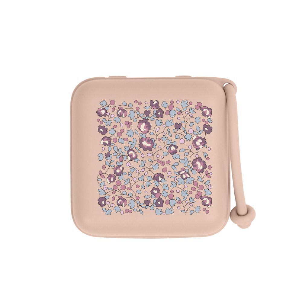 Boîte à sucette BIBS Liberty Blush. Boîte rose avec motifs floraux et poignée. Carrée.