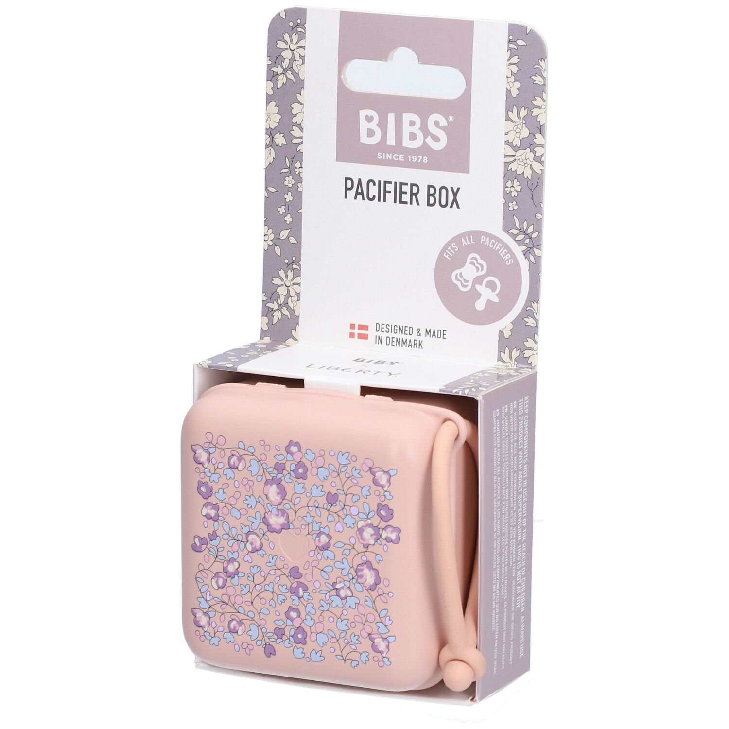 BIBS Schnullerbox Liberty Blush. Rosa Box mit Blumenmuster, in Verpackung. Mit Griff. "PACIFIER BOX" und Logo.