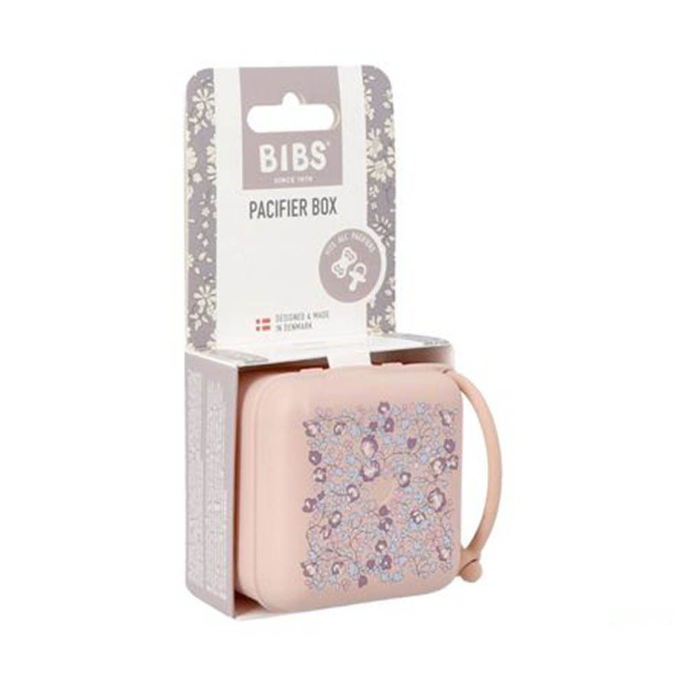 Boîte à sucette BIBS Liberty Blush. Boîte rose avec motifs floraux et poignée. Carrée.