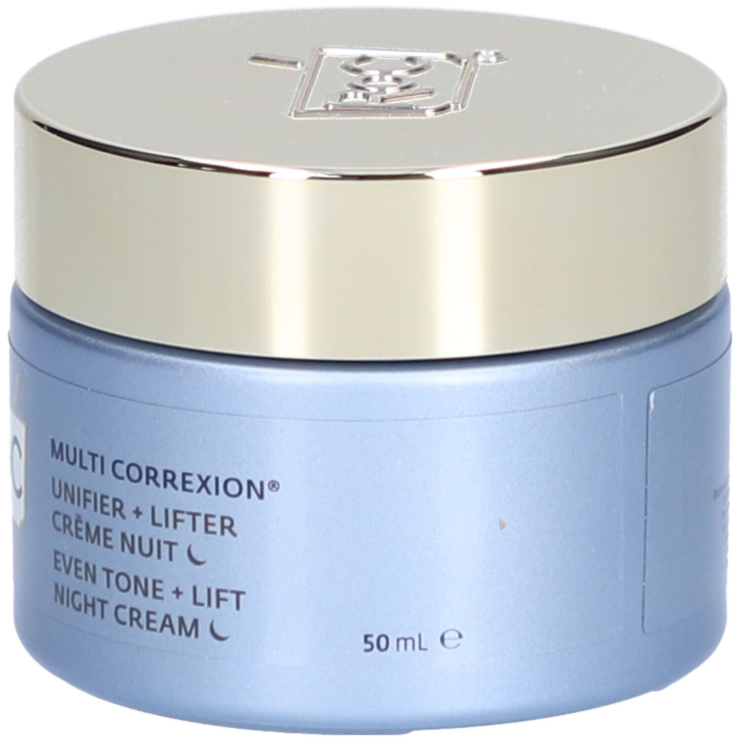 Blaues Tiegel mit silbernem Deckel. Aufschrift: Multi Correxion, Unifier + Lifter, Crème Nuit, Even Tone + Lift, Night Cream, 50 ml.
