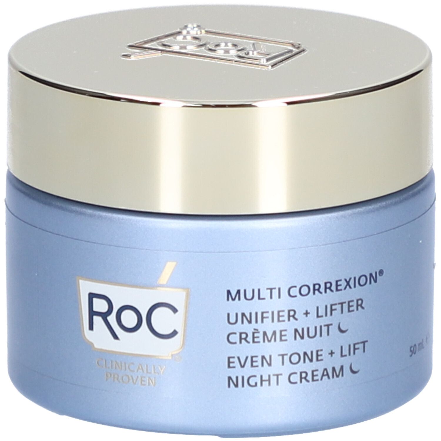 Blaues Tiegel mit silbernem Deckel. Aufschrift: Roc, Multi Correxion, Even Tone + Lift, Nachtcreme, klinisch bewiesen, 50 ml.