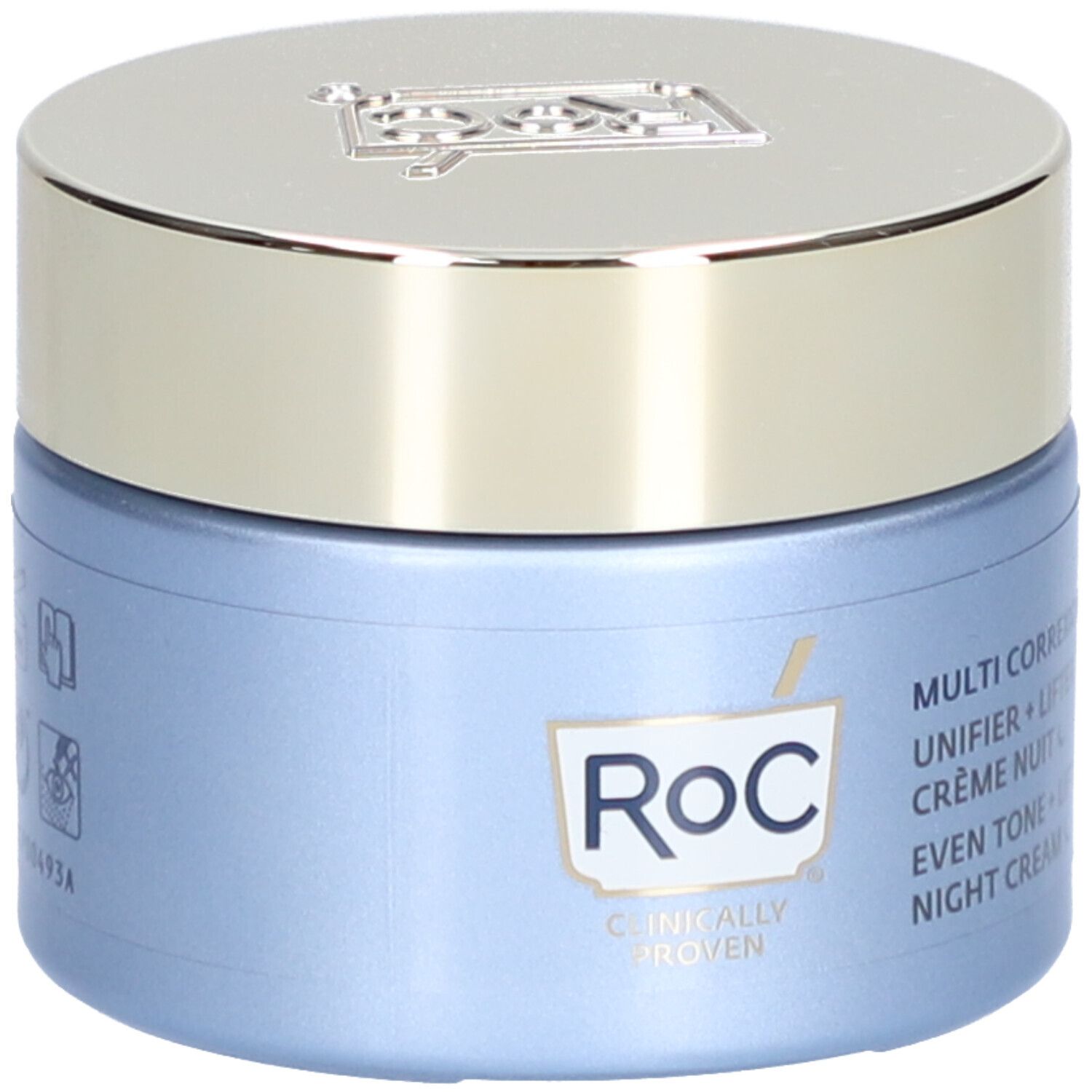 Blaues Tiegel mit silbernem Deckel. Aufschrift: Roc, Multi Correxion, Even Tone + Lift, Nachtcreme, klinisch bewiesen.