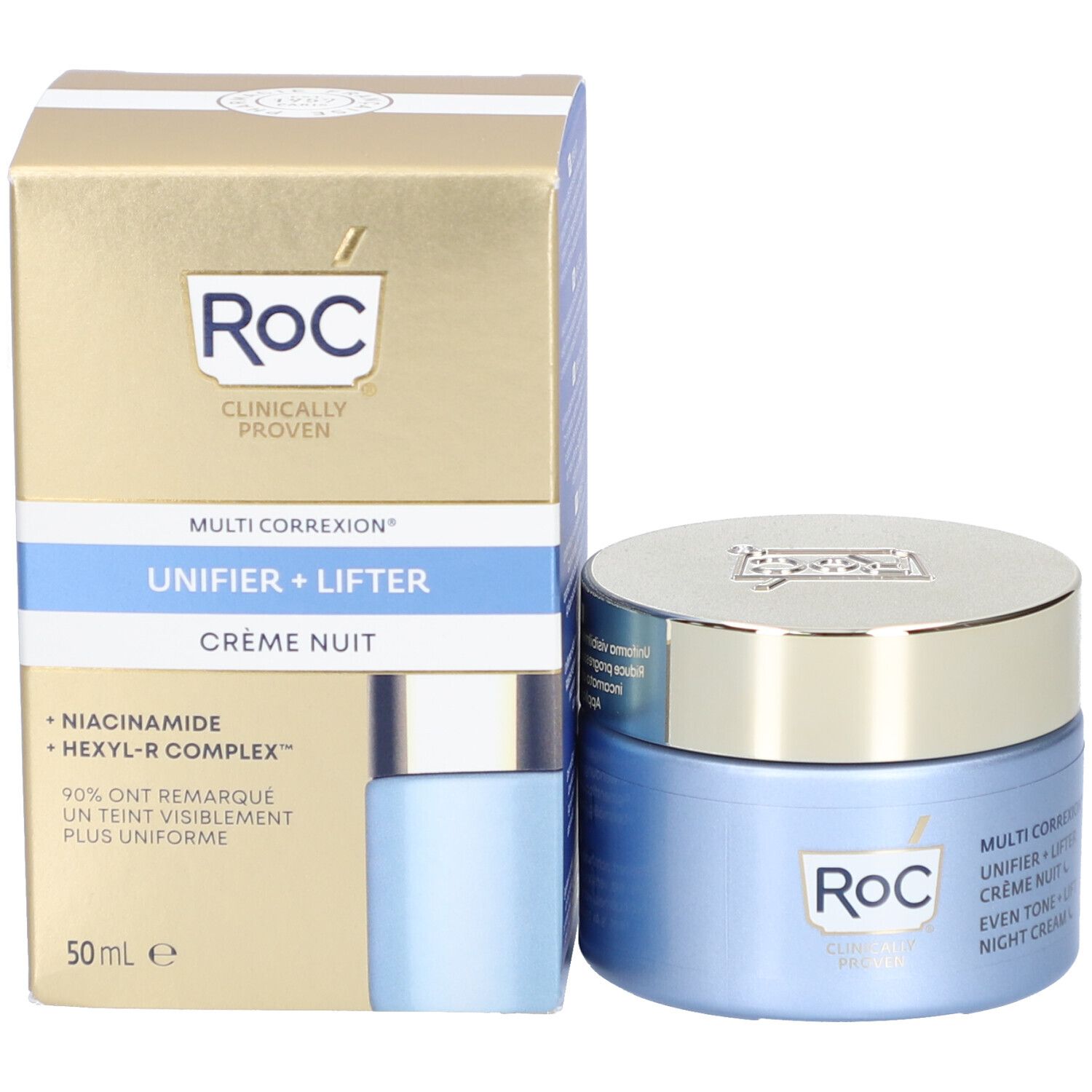 Produktverpackung mit Tiegel und Schachtel. Aufschrift: Roc, Multi Correxion, Unifier + Lifter, Crème Nuit, 50 ml.