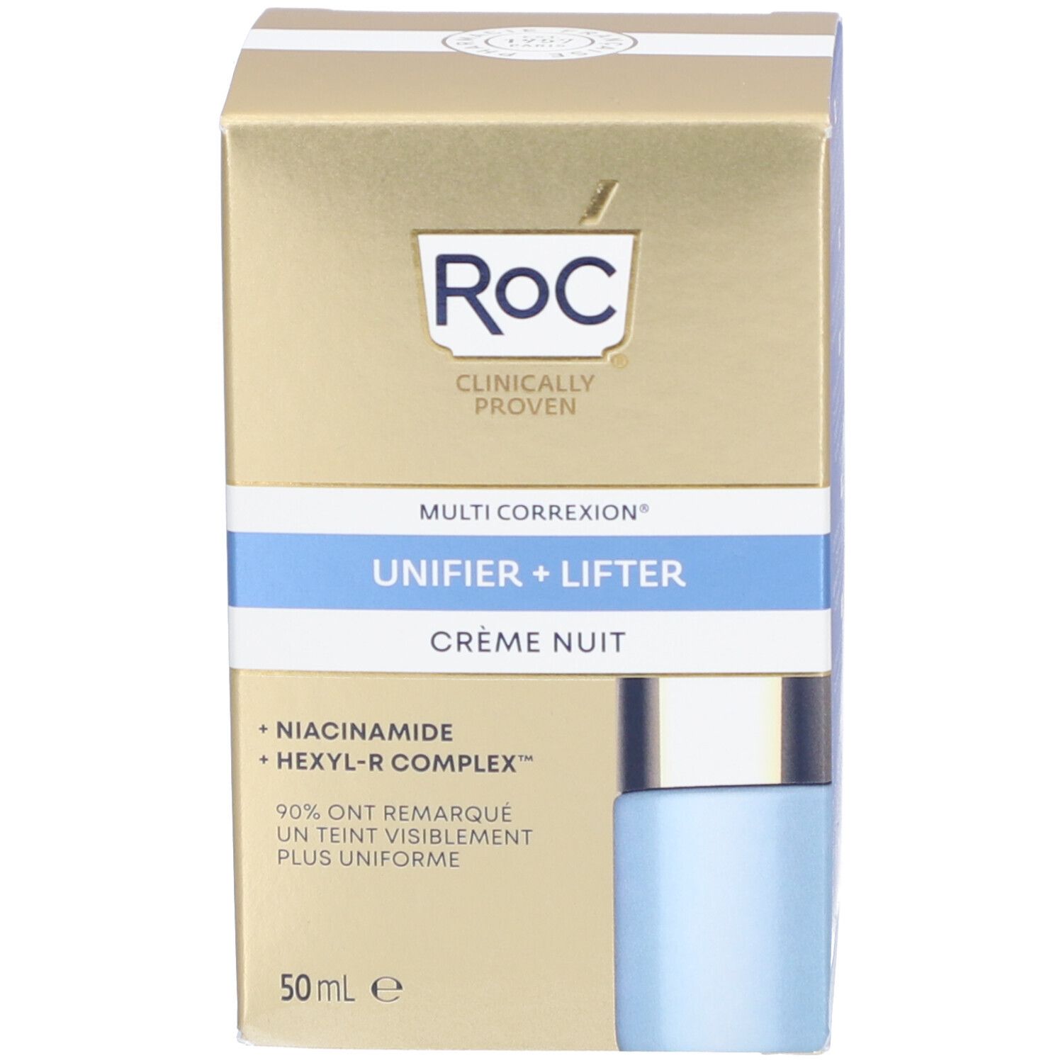 Produktverpackung. Aufschrift: Roc, Multi Correxion, Unifier + Lifter, Crème Nuit, 50 ml, Niacinamid + Hexyl-R Complex.
