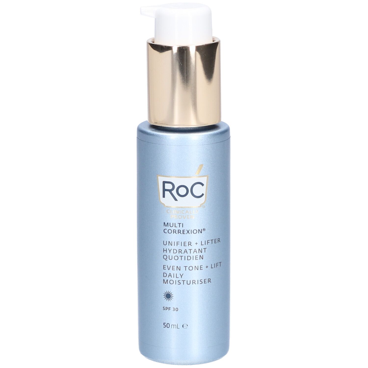 Blau-silberne Flasche mit Pumpe. Aufschrift: Roc Multi Correxion Even Tone+Lift Daily Moisturiser SPF30.