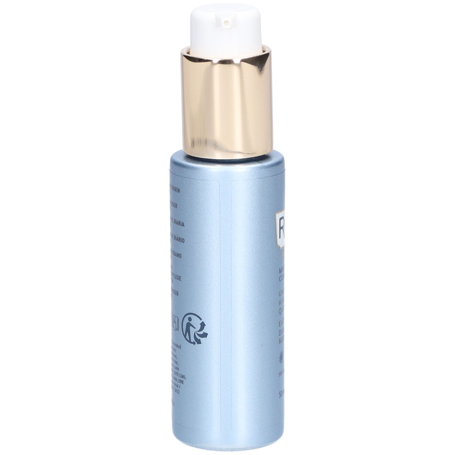 Blau-silberne Flasche mit Pumpe. Rückseite mit Text und Logos. Produkt: Roc Multi Correxion.