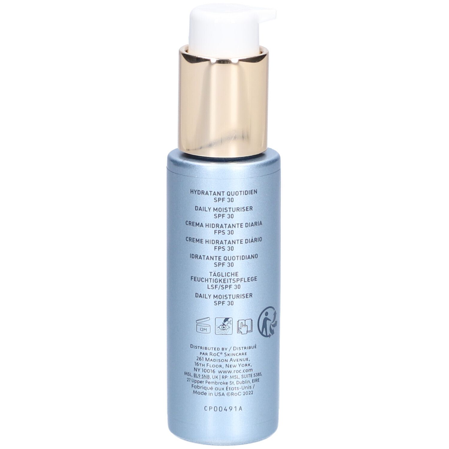 Rückseite der Flasche. Text in mehreren Sprachen. Produkt: Roc Multi Correxion Daily Moisturiser SPF30.