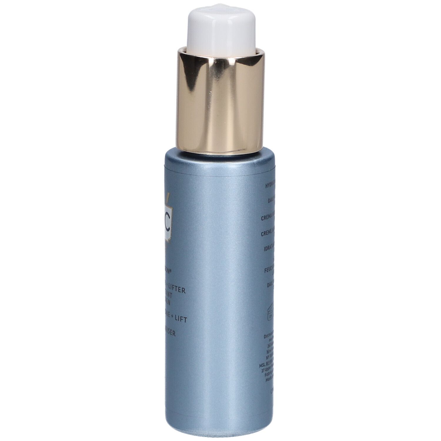 Seite der Flasche. Text in mehreren Sprachen. Produkt: Roc Multi Correxion Daily Moisturiser SPF30.