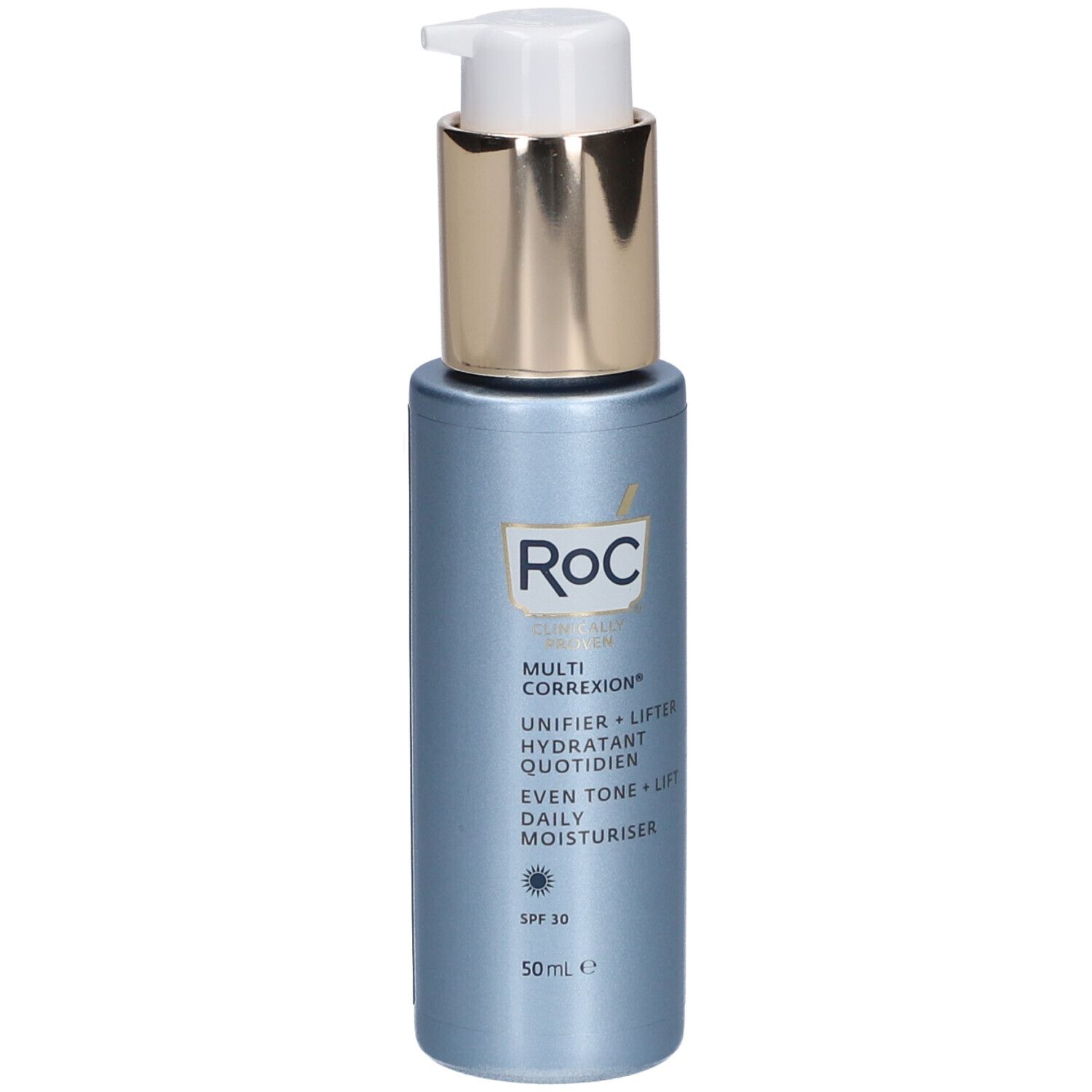 Blau-silberne Flasche mit Pumpe. Aufschrift: Roc Multi Correxion Even Tone+Lift Daily Moisturiser SPF30.