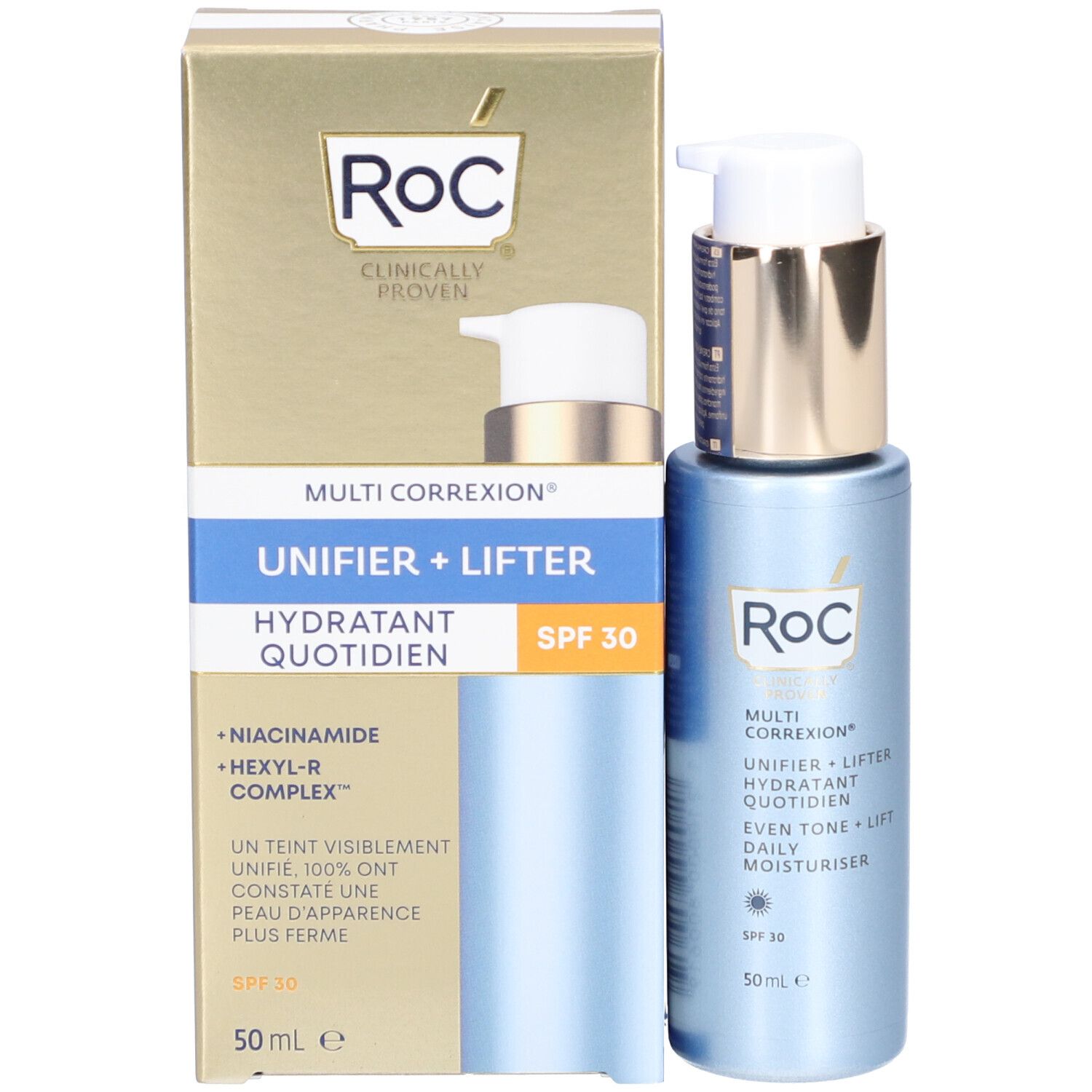 Produktverpackung und Flasche. Aufschrift: Roc Multi Correxion Unifier + Lifter Hydratant Quotidien SPF30.