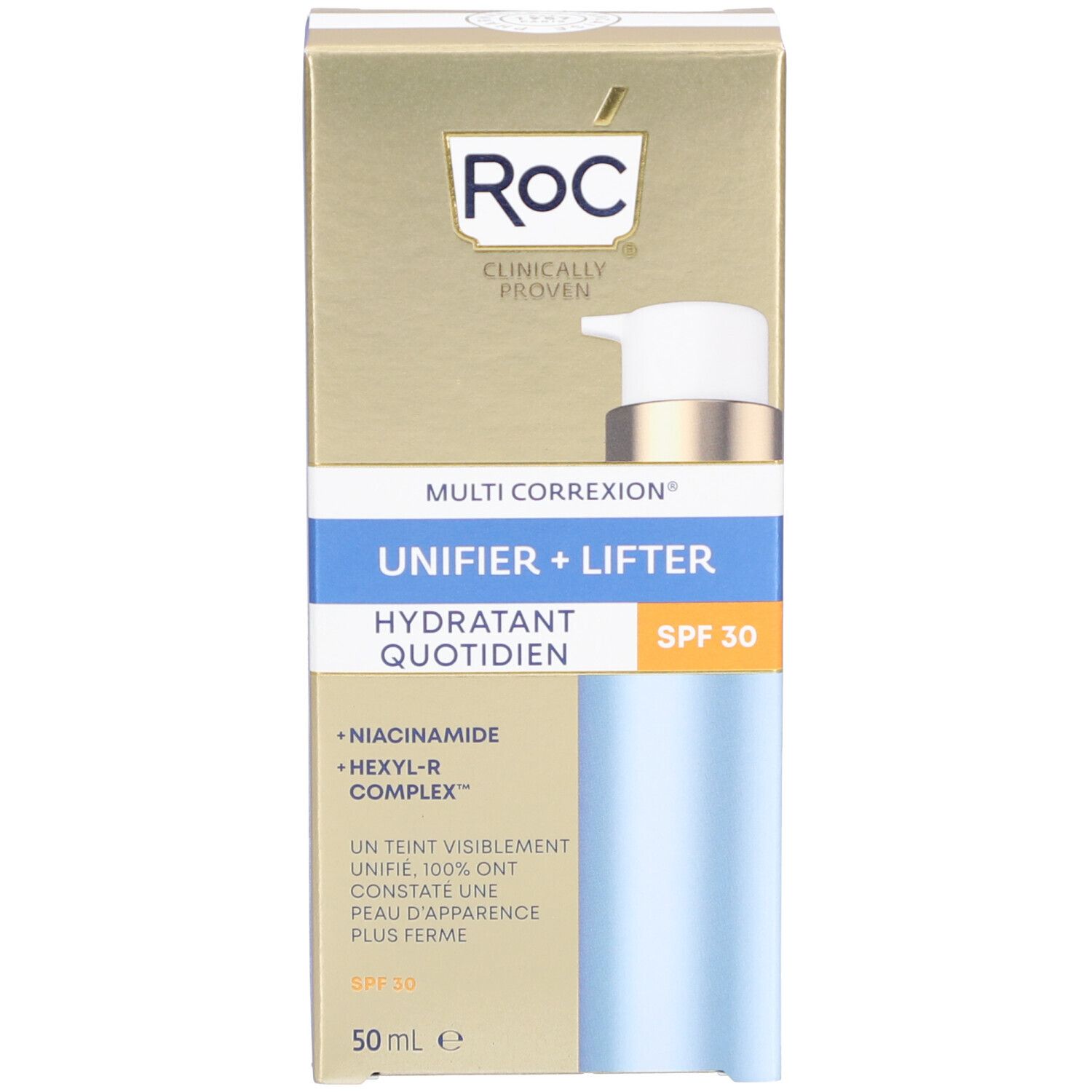 Produktverpackung. Aufschrift: Roc Multi Correxion Unifier + Lifter Hydratant Quotidien SPF30.