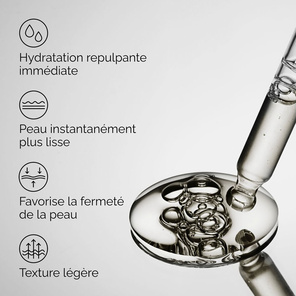 Graphique avec avantages. Hydratation immédiate, peau plus lisse, fermeté, texture légère.