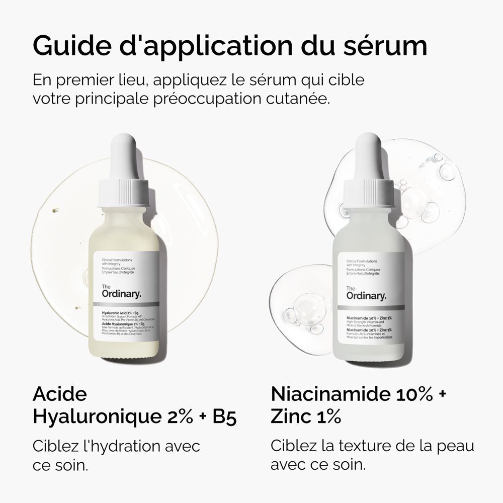 Deux flacons de sérum. Acide hyaluronique et niacinamide. Pour différents besoins.