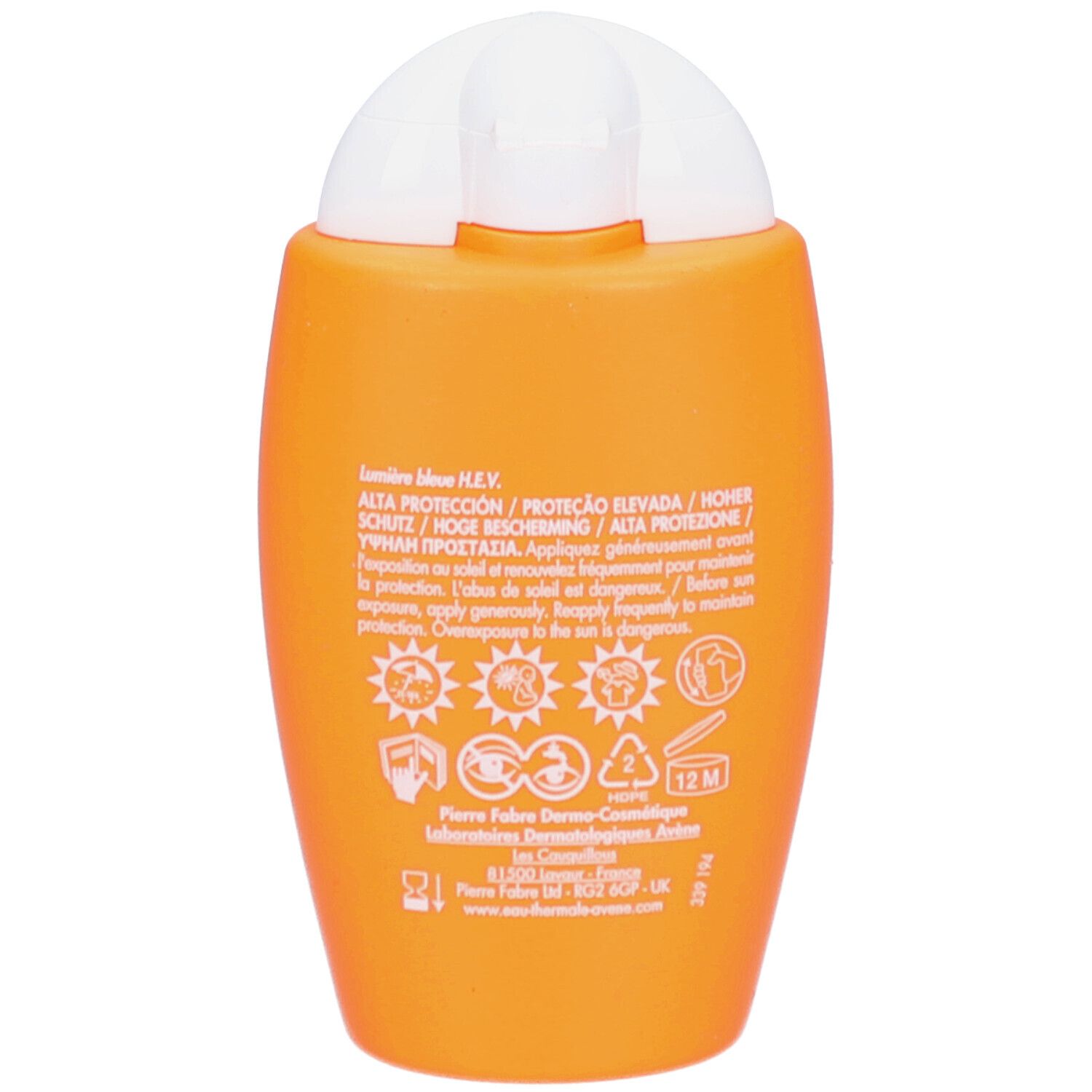 Rückseite der orangefarbenen Flasche. Text in mehreren Sprachen. Symbole und Warnhinweise.