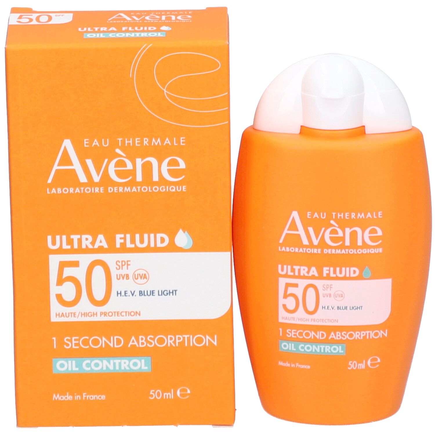 Produkt und Verpackung. Orangefarbene Schachtel und Flasche. Aufschrift: Avène Ultra Fluid SPF50.