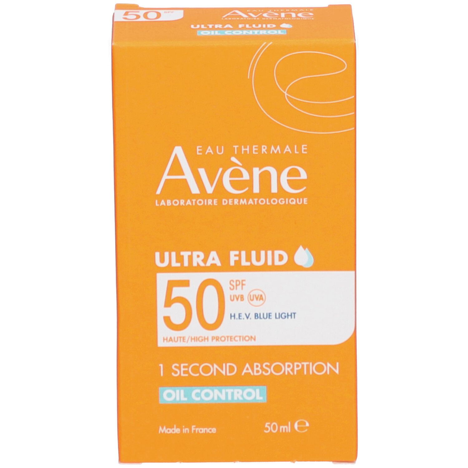 Orangefarbene Schachtel. Aufschrift: Avène Ultra Fluid SPF50. 50ml. Text und Logo.
