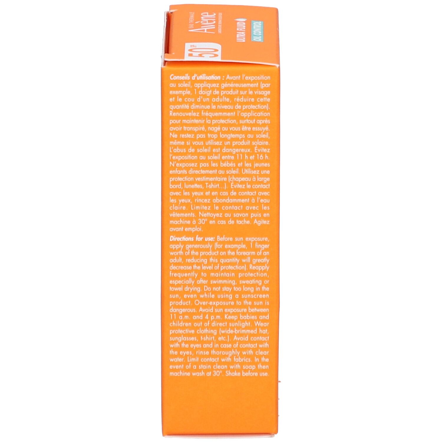 Seite der orangefarbenen Schachtel. Text in mehreren Sprachen. Gebrauchsanweisung.