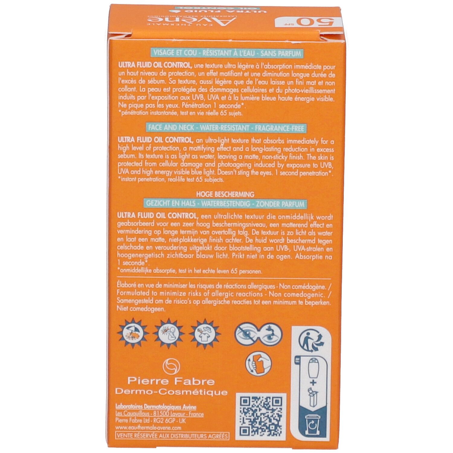 Seite der orangefarbenen Schachtel. Text in mehreren Sprachen. Produktinformationen.