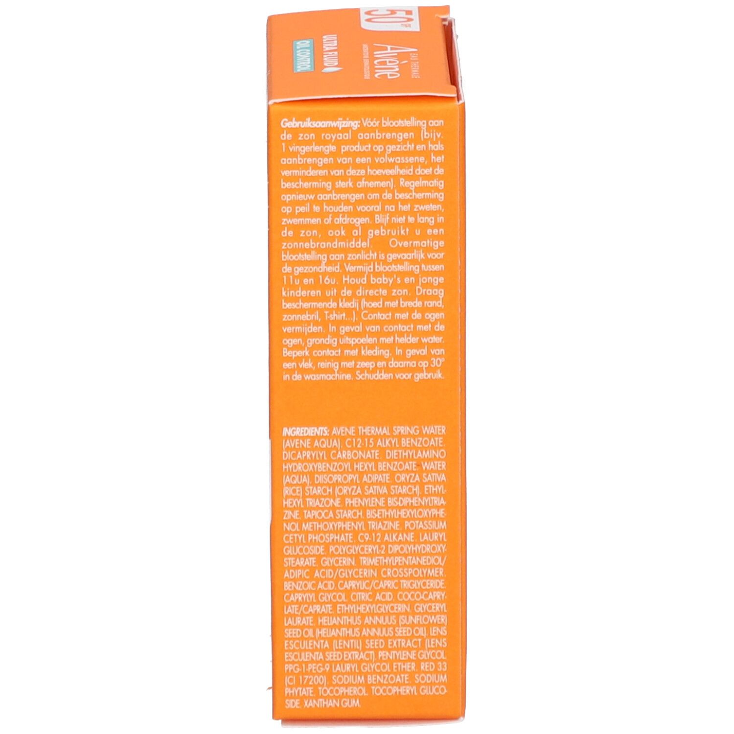 Seite der orangefarbenen Schachtel. Text in mehreren Sprachen. Inhaltsstoffe.