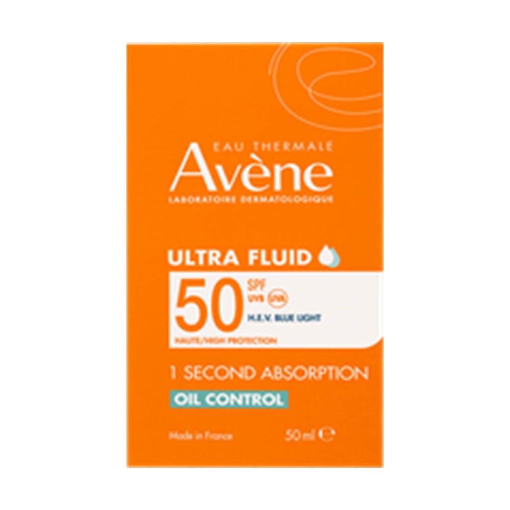 Produit et emballage. Boîte et flacon orange. Inscription: Avène Ultra Fluid SPF50.