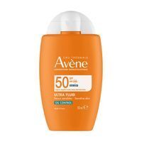 Flacon orange avec bouchon blanc. Inscription: Avène Ultra Fluid SPF50. 50ml.