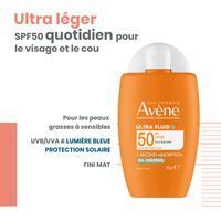 Produit et texte. Avène Ultra Fluid SPF50. Non collant, texture ultra légère, 4h hydratation.