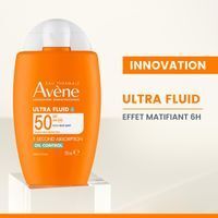 Produit et texte. Avène Ultra Fluid SPF50. Pour visage et cou. Fini mat.
